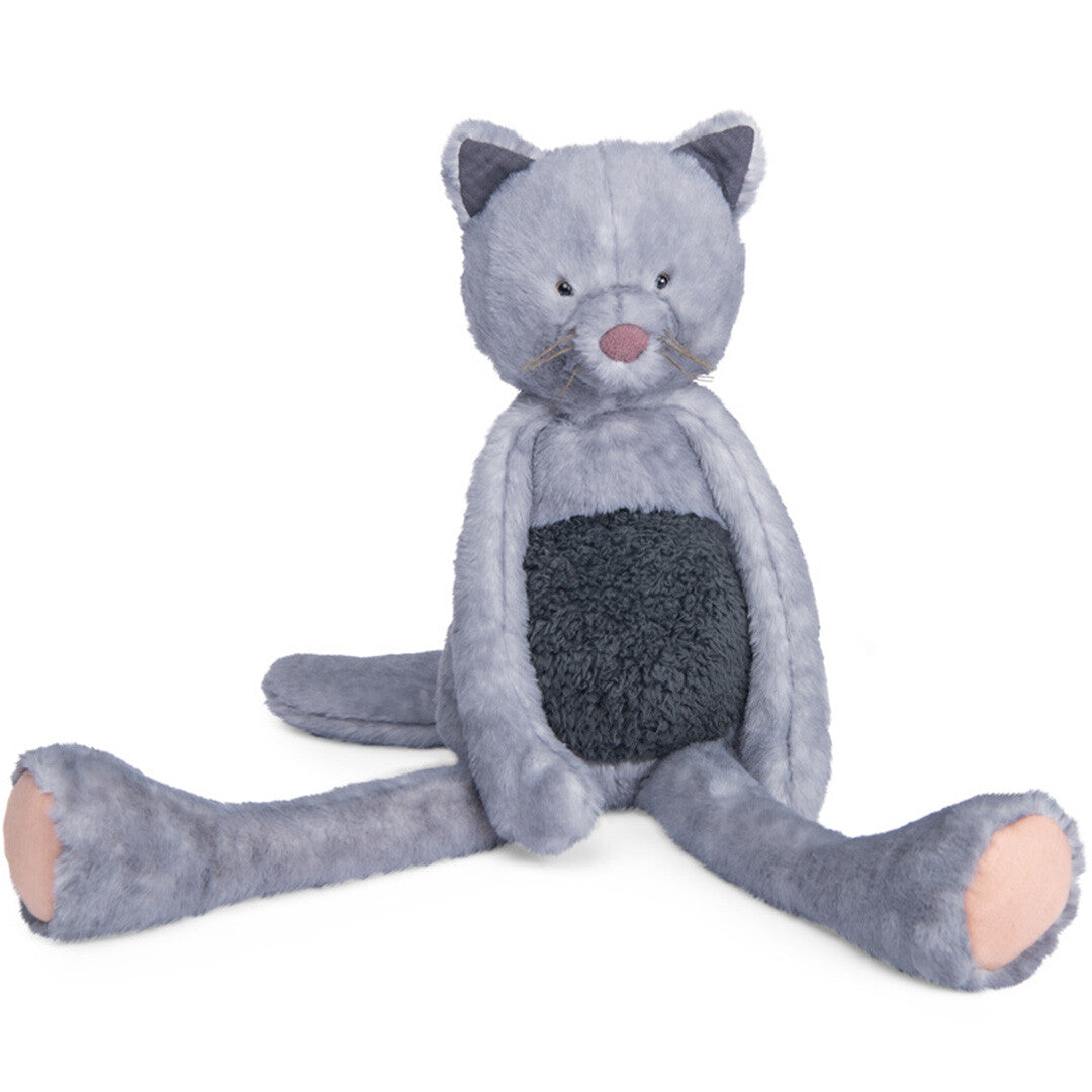 Moulin Roty pluchen kat in grijs, zittend met gespreide poten.