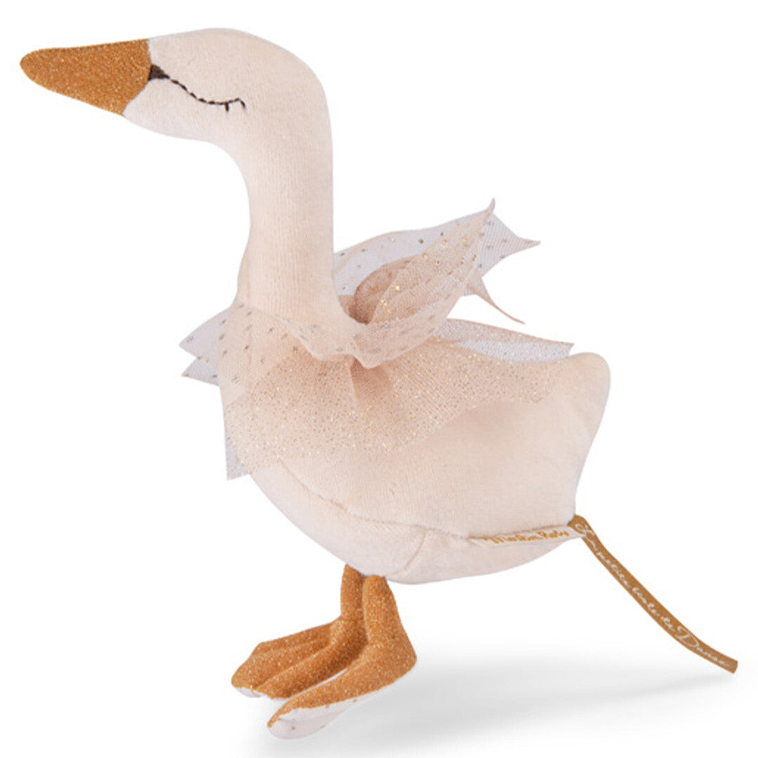 Moulin Roty crème pluche zwaan rammelaar met gouden snavel en voeten.