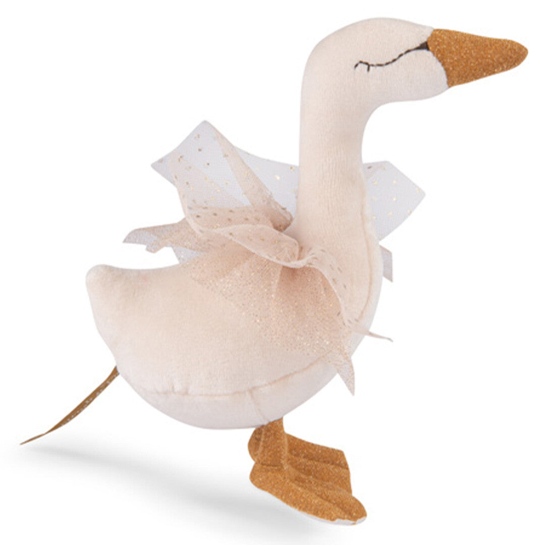 Moulin Roty crème pluche zwaan rammelaar in een dansende houding.