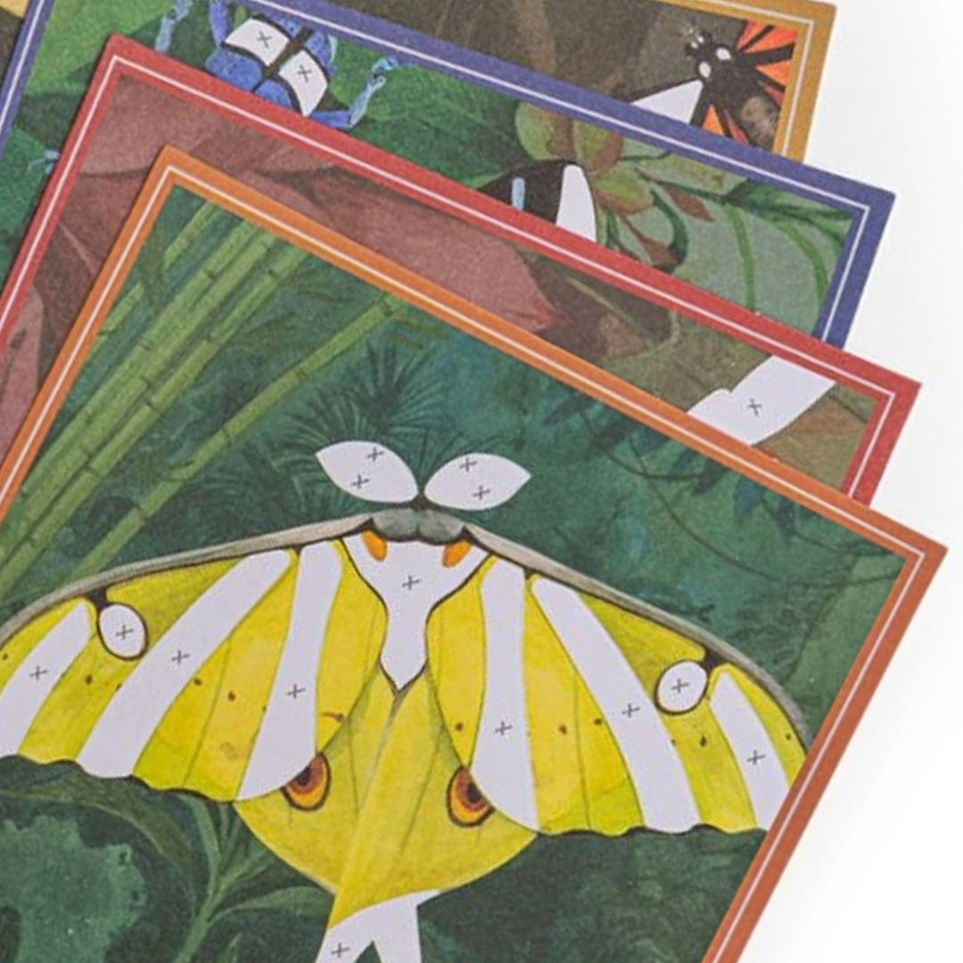 Een stapel knutselkaarten met diverse insectenpatronen, waaronder een gele mot.
