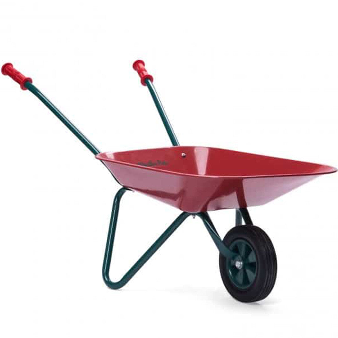Moulin Roty speelgoed kruiwagen voor peuters en kleuters, rood met groene handvatten en frame.