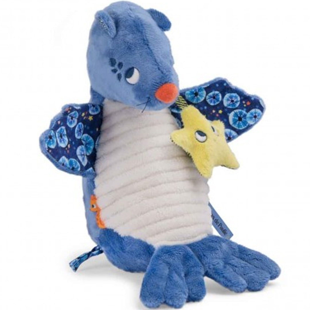 Moulin Roty pluchen babyspeelgoed zeeleeuw met sterrenpatroon en gele ster.