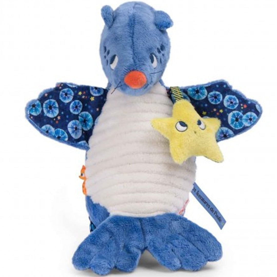 Moulin Roty pluchen babyspeelgoed zeeleeuw met sterrenpatroon en gele ster, vooraanzicht.
