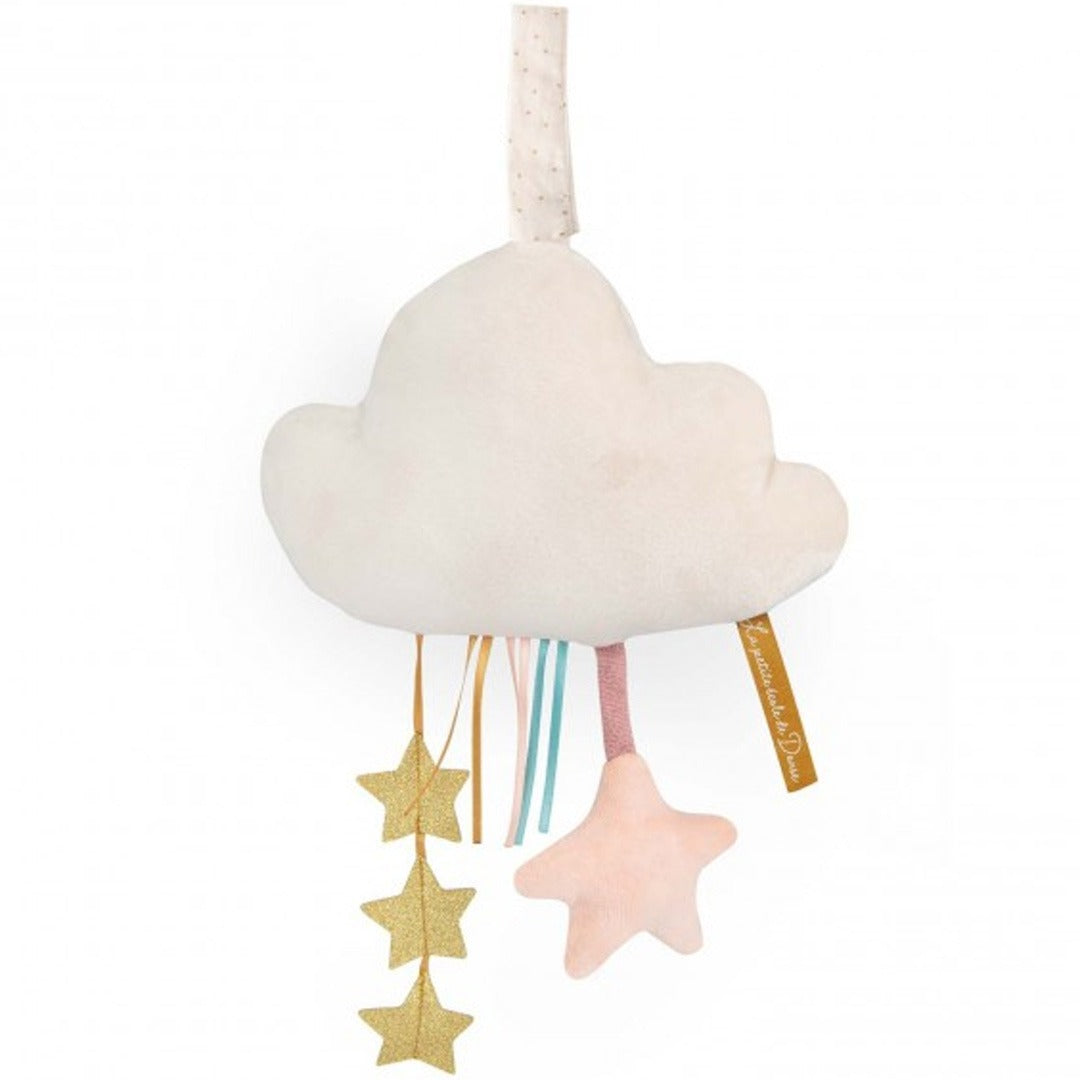 Moulin Roty babyspeelgoed mobiel in de vorm van een beige wolk met hangende gouden sterren en linten.