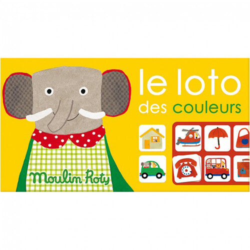 Verpakking van het Moulin Roty Le Loto des Couleurs bingospel met een olifant en voorbeelden van kaarten.