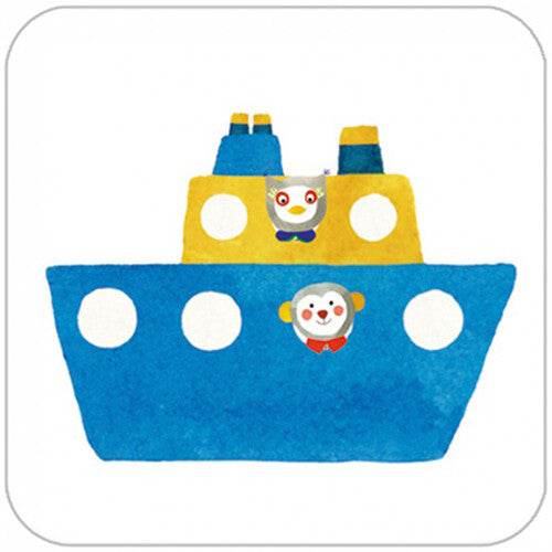 Detail van een blauwe boot met twee pinguïns op een witte kaart.