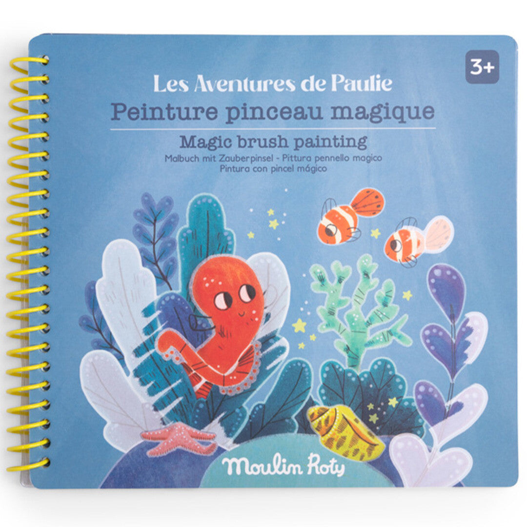 Moulin Roty magisch schilderboek met een onderwaterillustratie van een octopus en vissen op de voorkant.