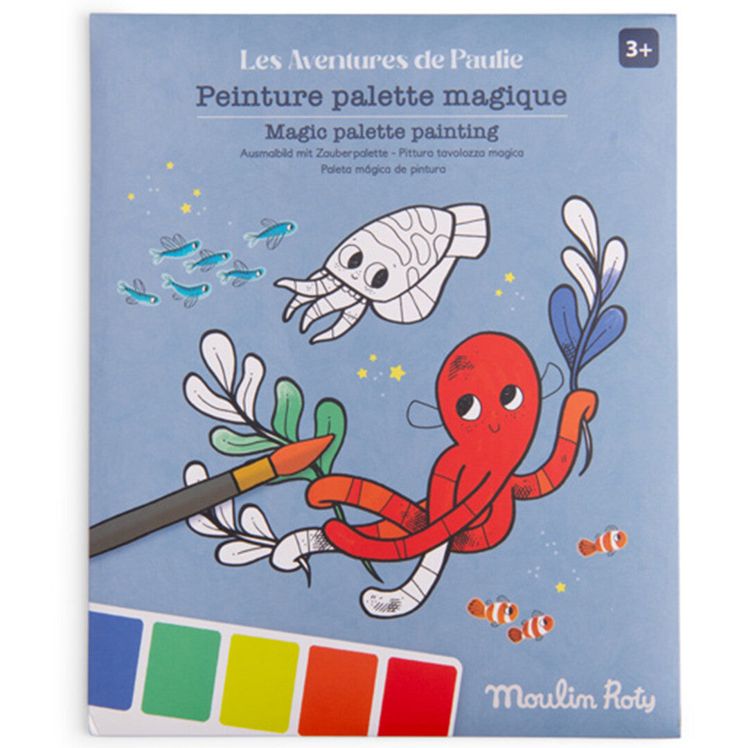 Moulin Roty verpakking van het magisch schilderen palet met een illustratie van een octopus en andere zeedieren.