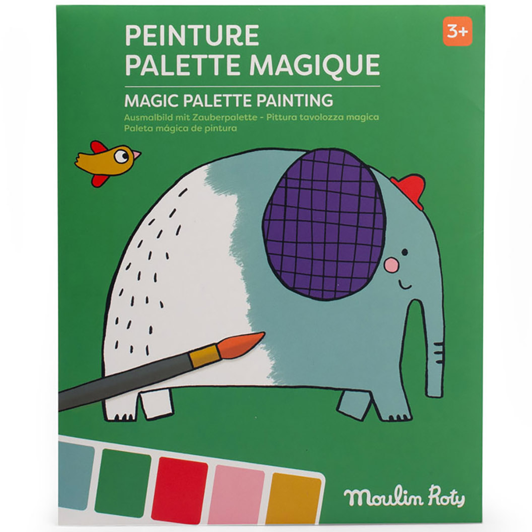 Verpakking van het Moulin Roty magisch schilderen palet met een olifant en een penseel.