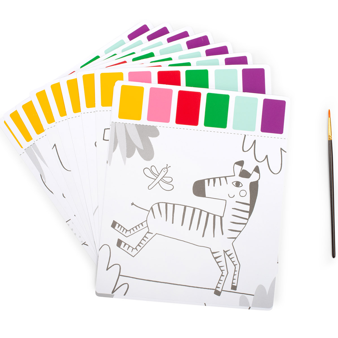 Meerdere magische schilderplaten met dieren zoals een zebra en een penseel.