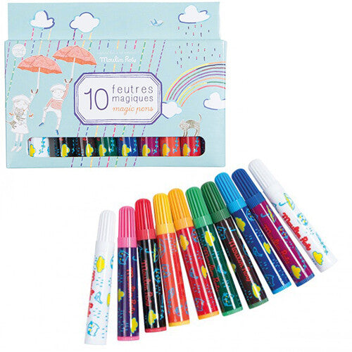 Moulin Roty verpakking van 10 magische viltstiften met regenboogthema en de veelkleurige stiften ernaast.