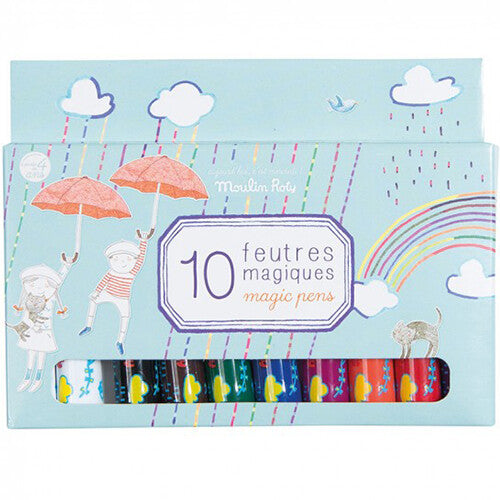 De Moulin Roty verpakking van 10 magische viltstiften met een regenboogthema en kinderen onder paraplu's.