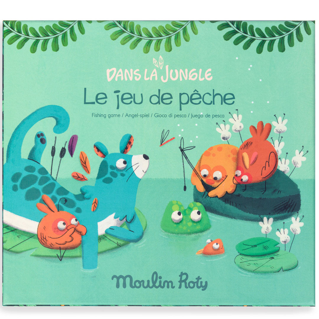 De voorkant van de Moulin Roty verpakking van het magnetisch visspel 'Dans la Jungle'.