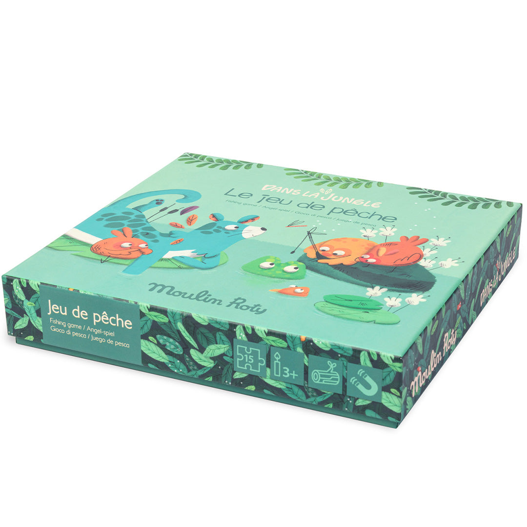De schuine weergave van de Moulin Roty verpakking van het magnetisch visspel 'Dans la Jungle'.