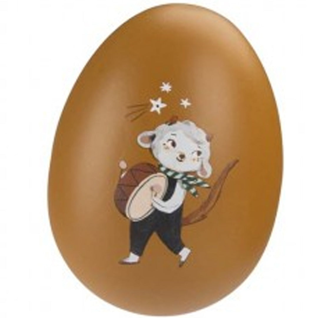 Bruin Moulin Roty houten maraca ei met een muis die een trommel speelt.