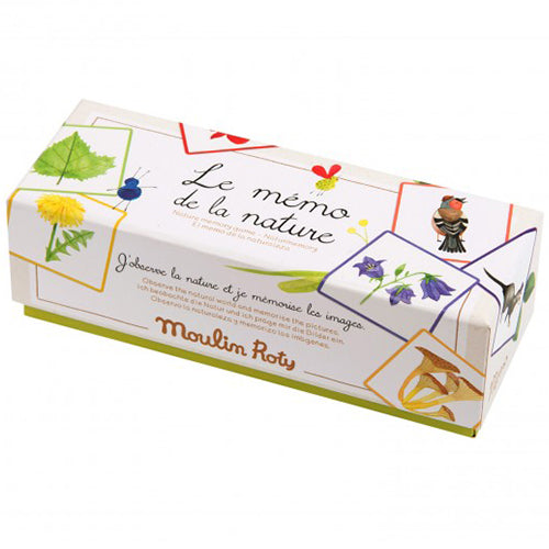 Moulin Roty memoryspel 'Le mémo de la nature' verpakking met illustraties van bladeren, bloemen en insecten.