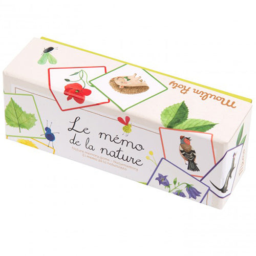 Moulin Roty memoryspel 'Le mémo de la nature' verpakking met illustraties van een egel, bladeren en een roodborstje.