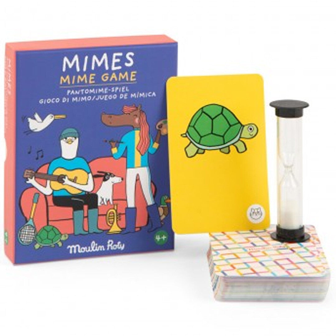 Moulin Roty Mimes Mime Game kaartspel met doos, stapel kaarten met een schildpad en een zandloper.