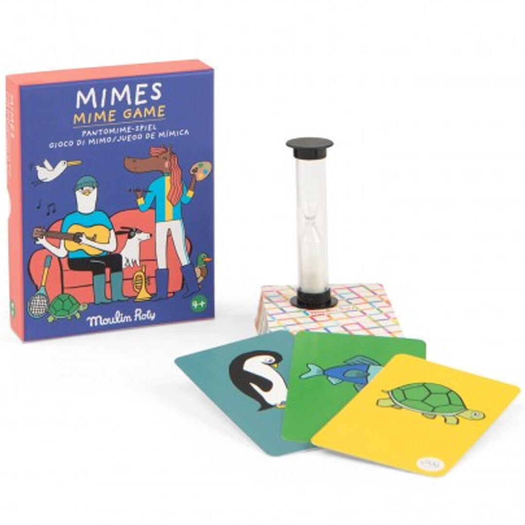 Moulin Roty Mimes Mime Game kaartspel met doos, zandloper en drie kaarten met een pinguïn, vis en schildpad.