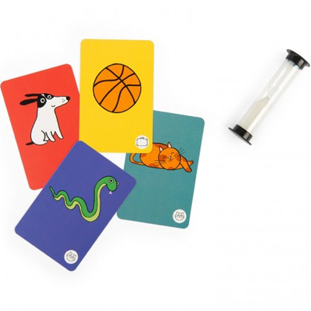 Detail van vier kaarten van het Mimes Mime Game kaartspel met een hond, basketbal, slang en kat, naast een zandloper.