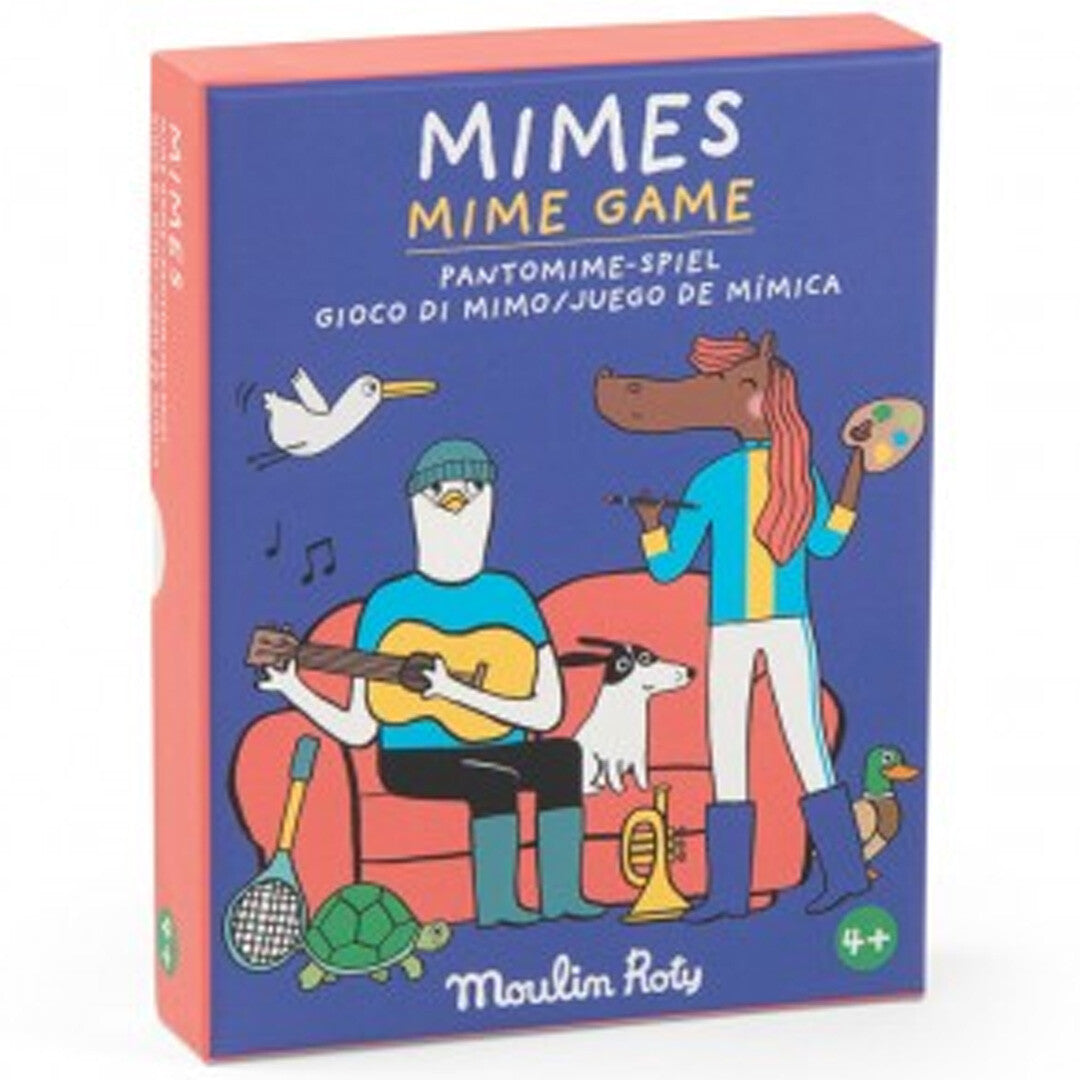 Voorkant van de Moulin Roty Mimes Mime Game kaartspel verpakking met illustraties van dieren die muziek maken.