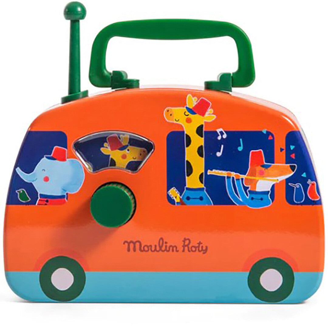 Moulin Roty oranje muziekbus met dierenfanfare en groene handgreep, recht van voren.