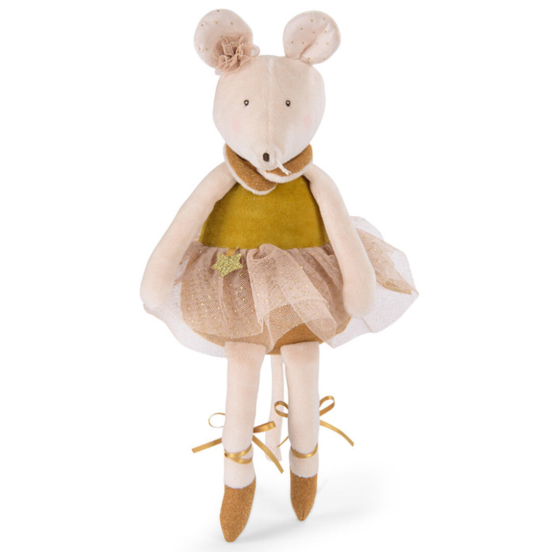 Moulin Roty muziekspeelgoed van een beige muis in een ballerina jurkje, staand.