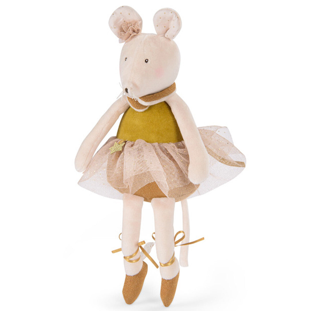 Moulin Roty muziekspeelgoed van een beige muis in een ballerina jurkje, staand.