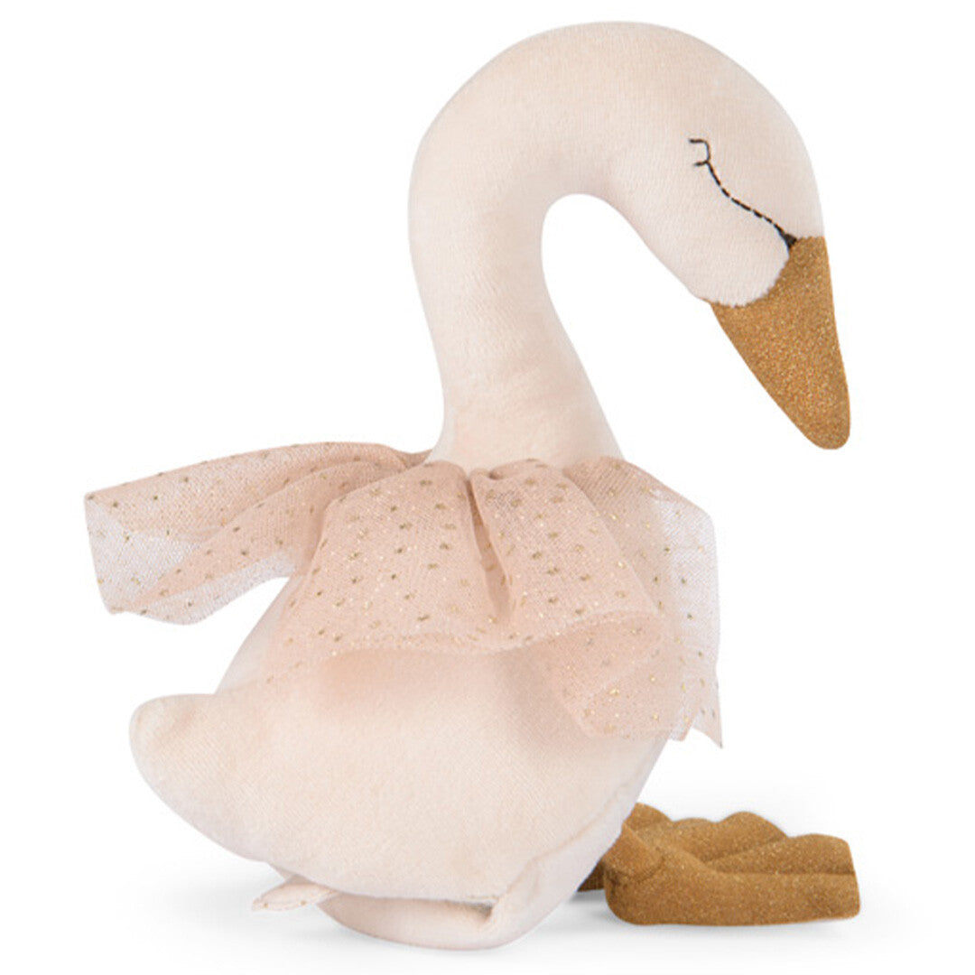 Moulin Roty muziekspeelgoed zwaan met beige lijf, gouden snavel en een roze kraag met stippen.