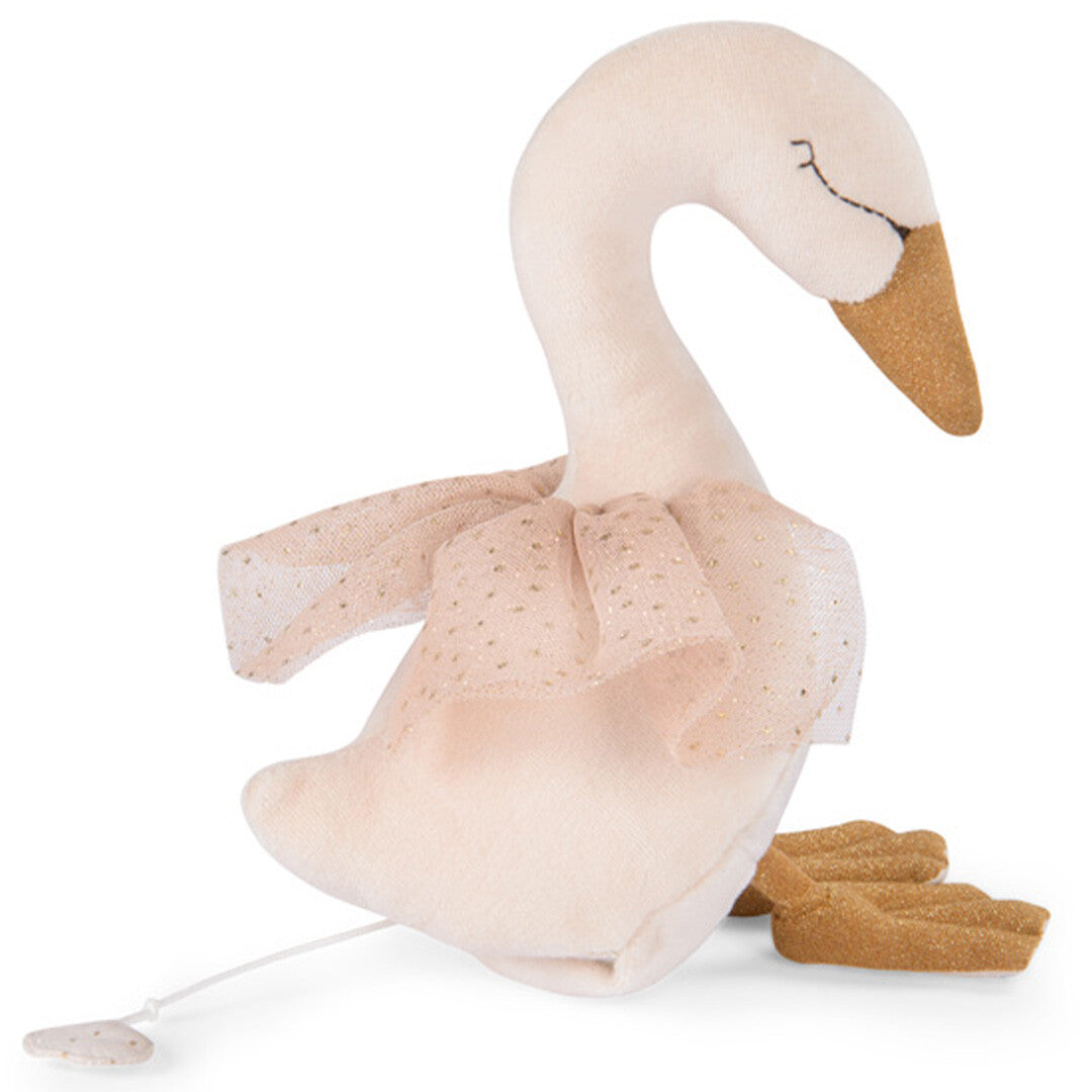 Moulin Roty muziekspeelgoed zwaan met beige lijf en roze kraag, met de trekkoord voor de muziekdoos zichtbaar.