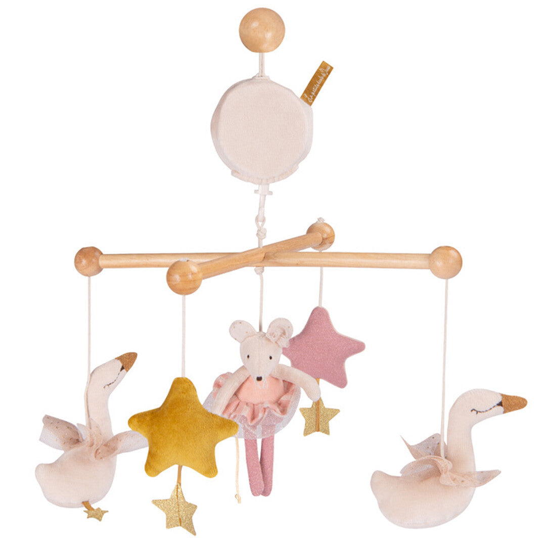 Moulin Roty muziekmobiel voor baby's met een houten frame, een muis ballerina, twee ganzen en sterren.