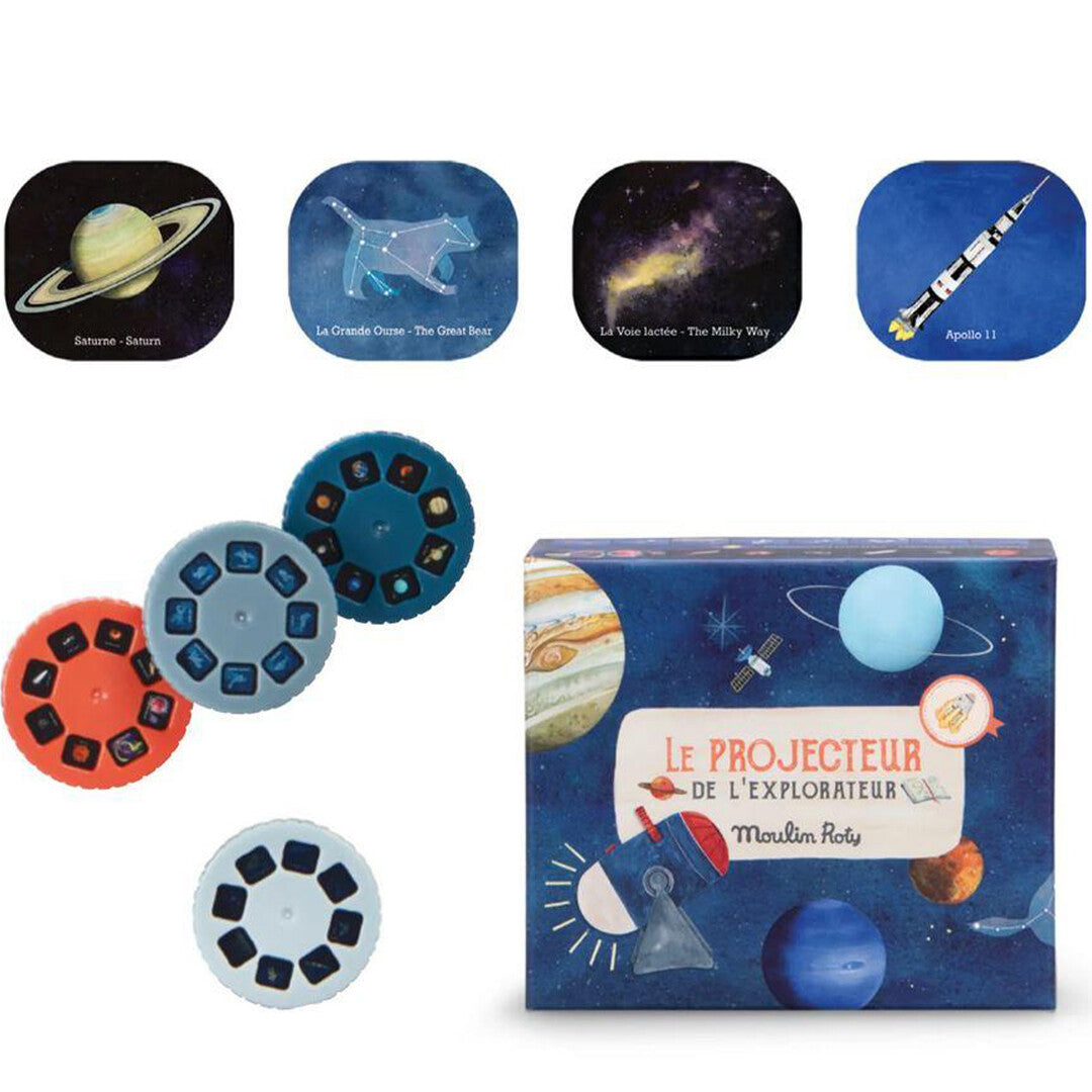Infographic met voorbeelden van projecties van planeten en sterrenbeelden, samen met de Moulin Roty projector schijven en de doos.