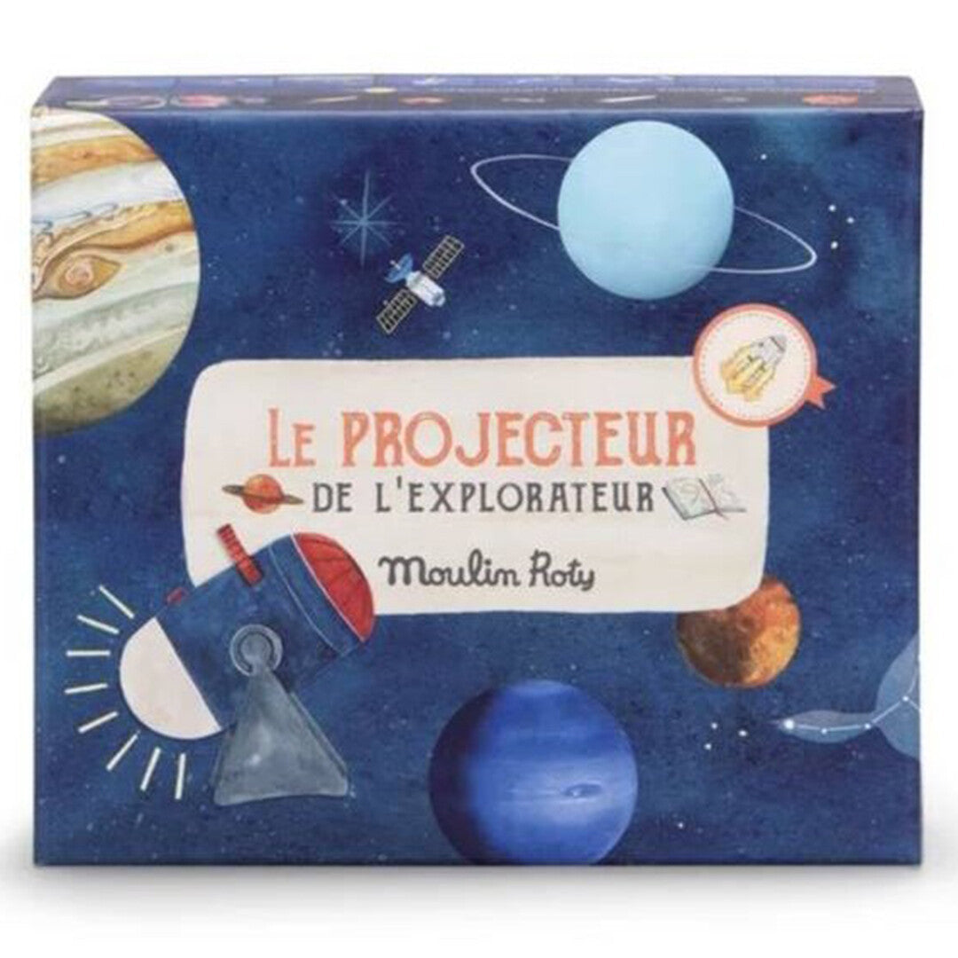 De verpakking van de Moulin Roty projector met een illustratie van planeten en ruimtevaartuigen.