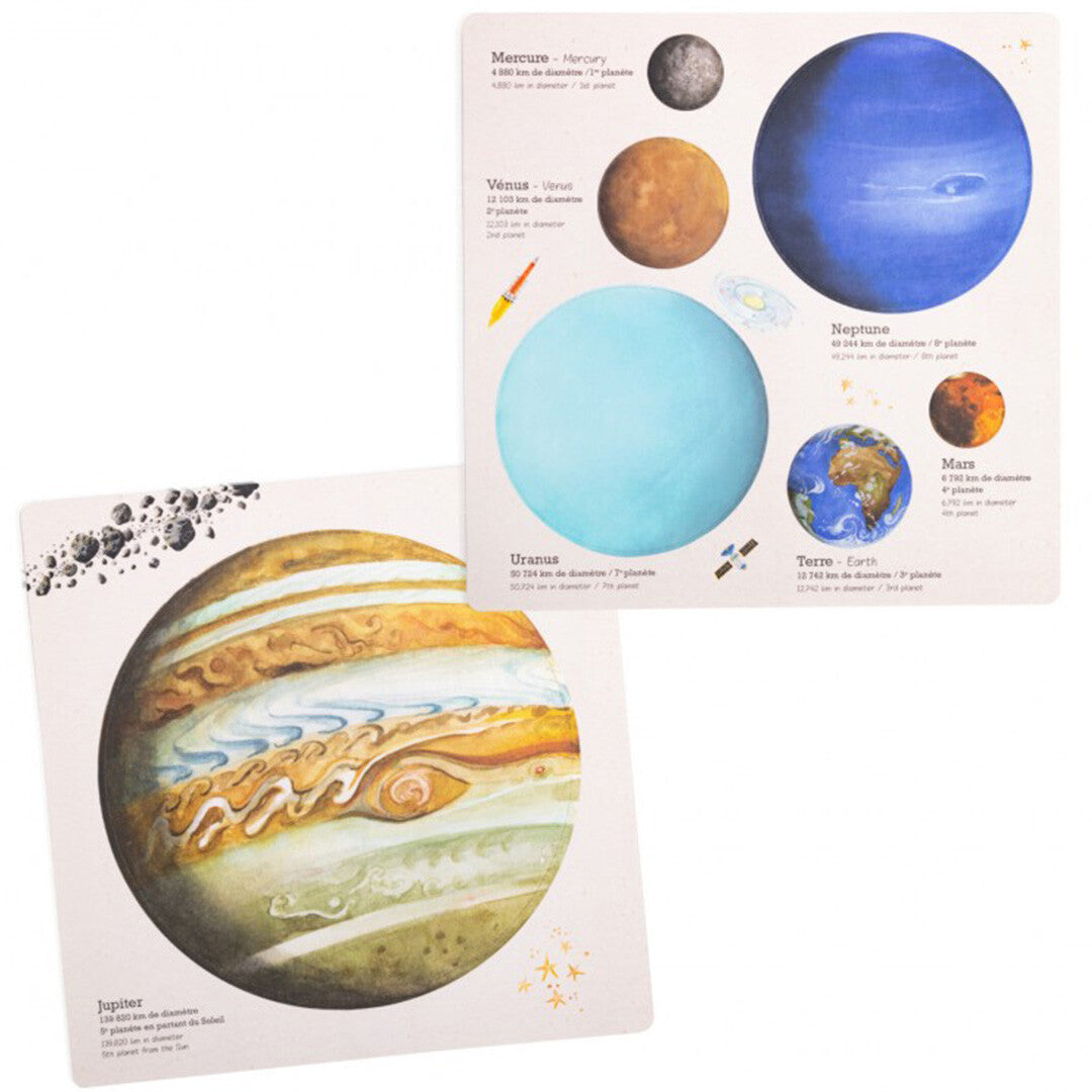 Twee educatieve kaarten met illustraties van planeten zoals Jupiter, Mercurius en Neptunus.