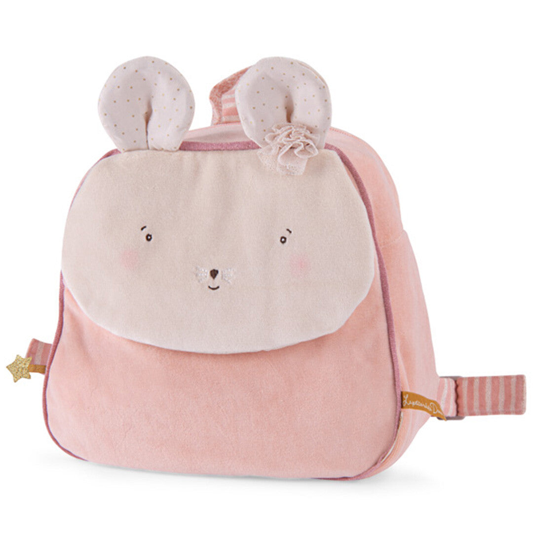Moulin Roty roze peuterrugzak met muisgezicht op een witte achtergrond.