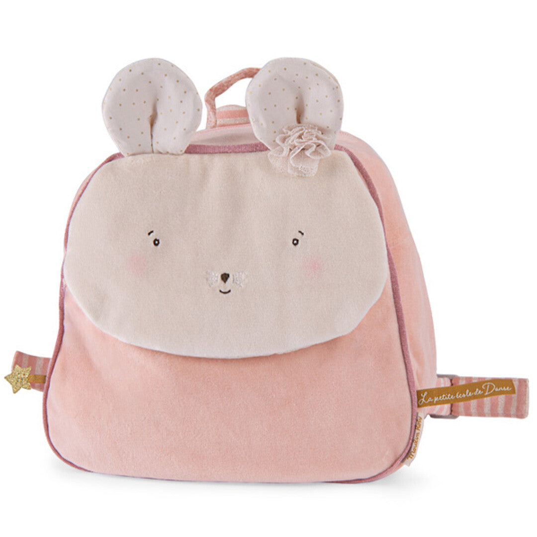 Moulin Roty roze peuterrugzak met muisgezicht en een label aan de zijkant op een witte achtergrond.