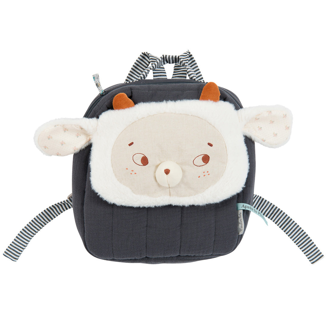 Moulin Roty peuterrugzak in de vorm van een grijs schaap met gestreepte banden.