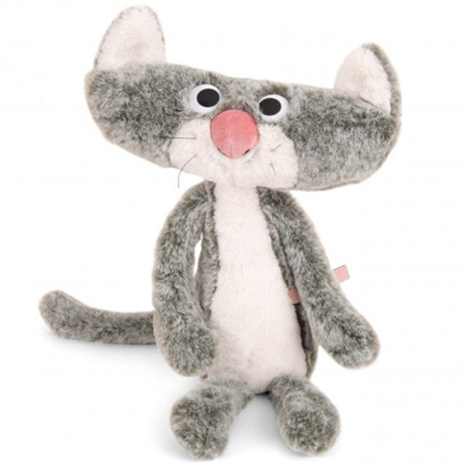 Moulin Roty grijze pluche kattenknuffel met roze neus.