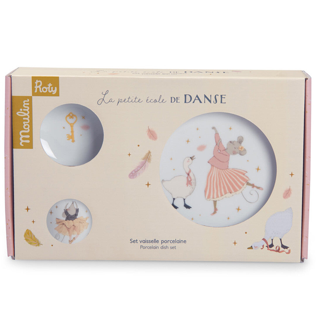 Verpakking van de Moulin Roty porseleinen serviesset 'La petite école de danse' met illustraties van de borden.