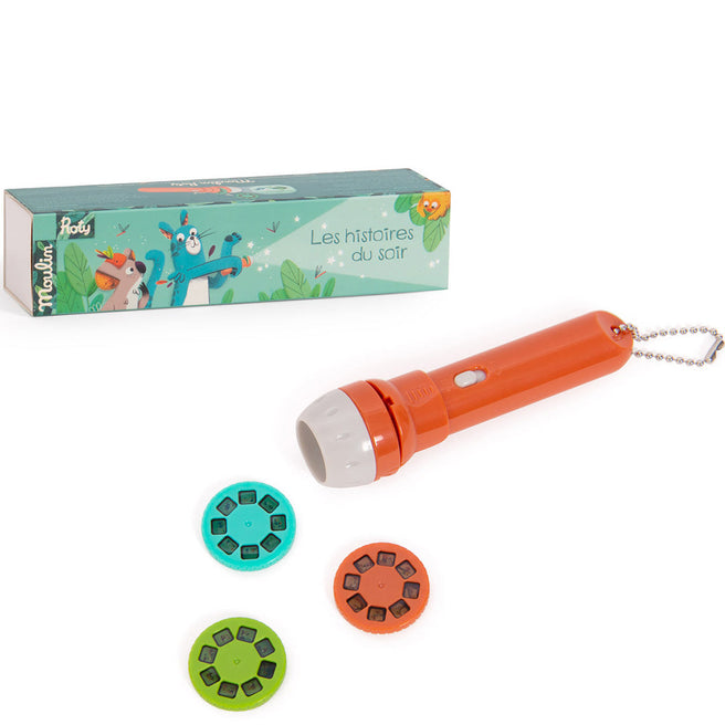 Moulin Roty projector bedtijdverhalen set met oranje zaklamp, drie schijfjes en de verpakking.