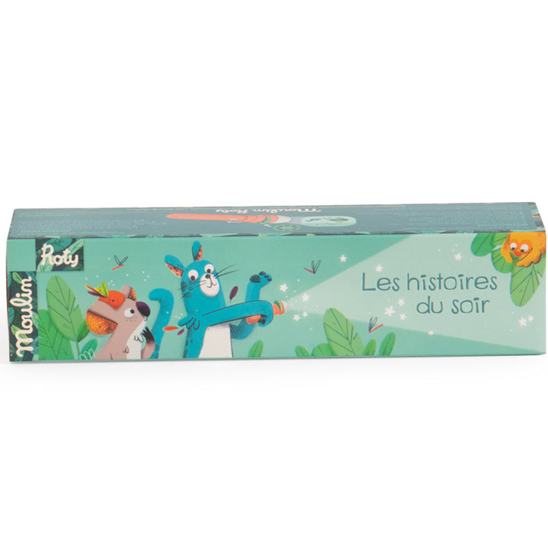 De voorkant van de Moulin Roty verpakking voor de projector bedtijdverhalen, met jungle dieren.