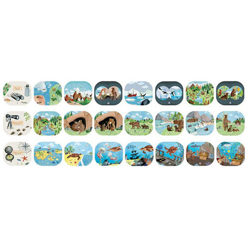 Overzicht van de illustraties op de projector schijfjes met scènes van bergen, dieren en onderwaterwereld.