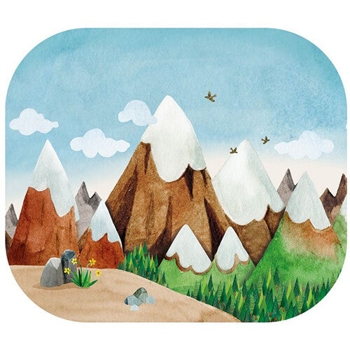 Detail van een projector illustratie met besneeuwde bergen en groene heuvels.