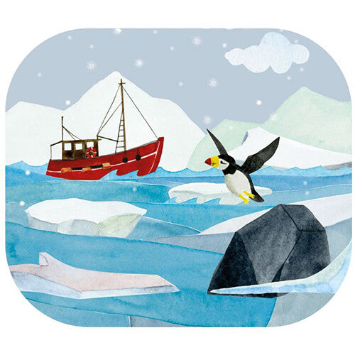 Detail van een projector illustratie met een rode boot in ijswater en een vliegende papegaaiduiker.