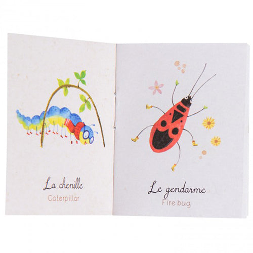 Open boekje met illustraties van een rups en een vuurwants.