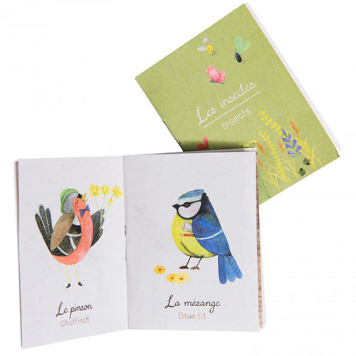 Open boekje met illustraties van een vink en een pimpelmees, met een insectenboekje erachter.