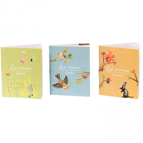 Drie kleine boekjes met titels 'Les insectes', 'Les oiseaux' en 'Les animaux'.