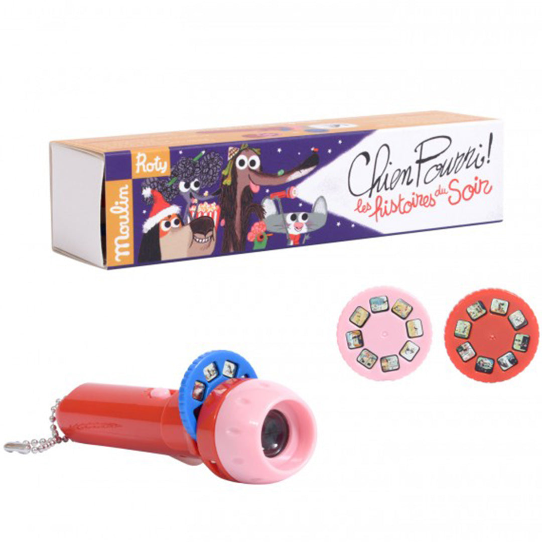 Moulin Roty projector voor bedtijdverhalen met twee schijfjes en de productverpakking van Chien Pourri.