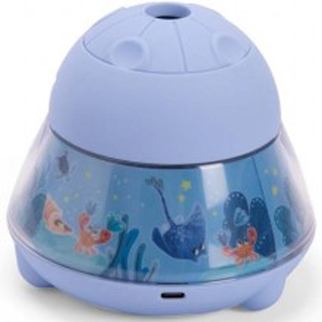 Blauwe projector met een patroon van een rog en andere zeedieren.