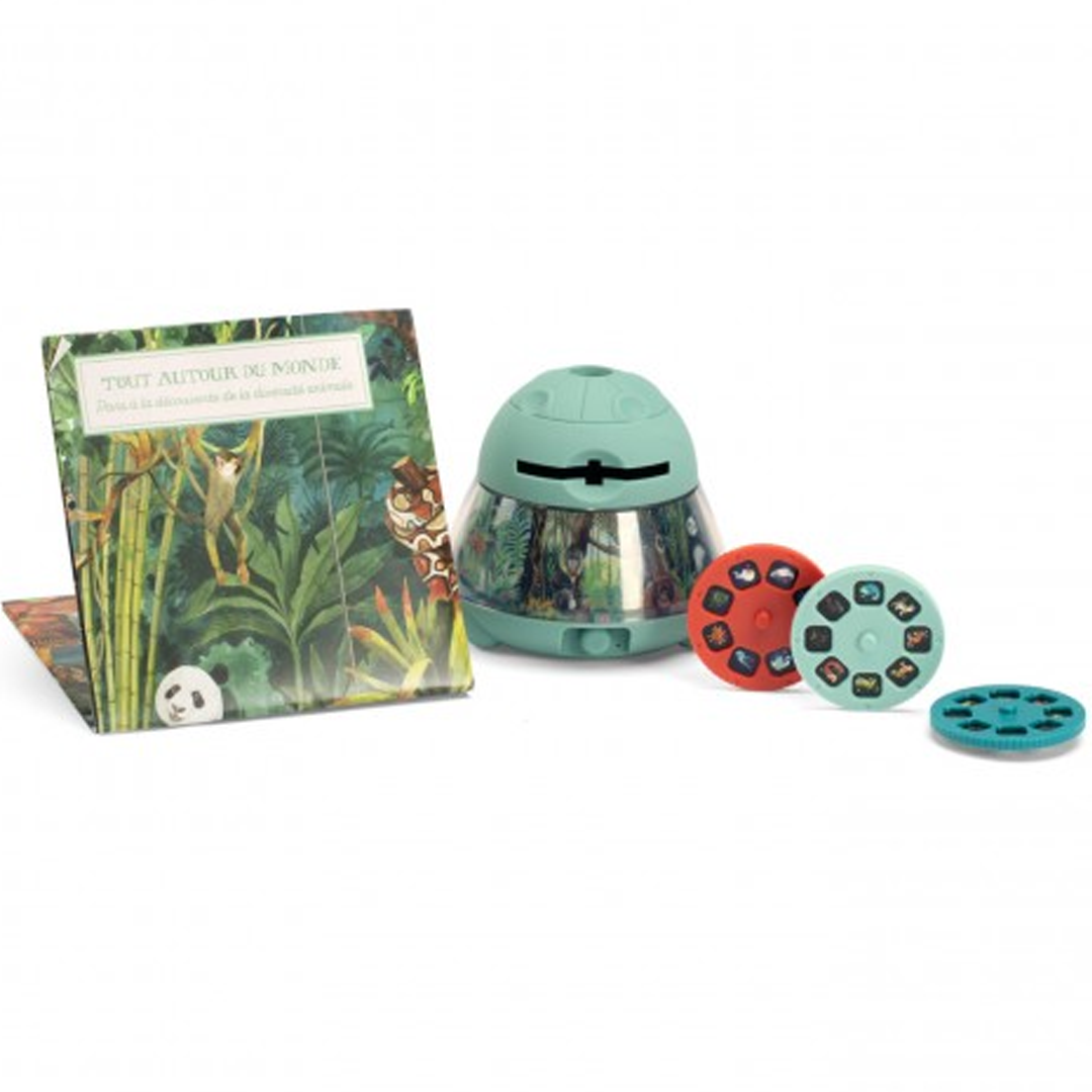 Moulin Roty projector met dieren- en junglethema, inclusief een boek en drie projectieschijven.